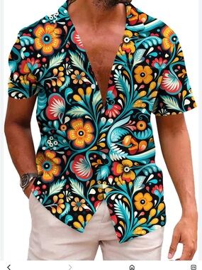 KYKU Men's Floral Short-Sleeve Button Shirt Black Multi Hawaiian medium NWT